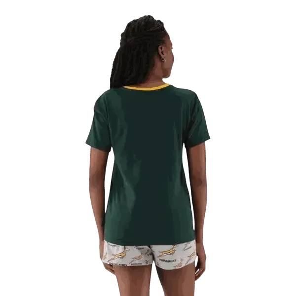 Woman wearing Springbok green short-sleeve top and light grey shorts with Springbok logo, Springbok Pajamas set X-Large