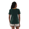 Woman wearing Springbok green short-sleeve top and light grey shorts with Springbok logo, Springbok Pajamas set X-Large