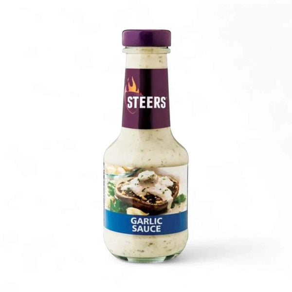 Steers Sauce Garlic 375ml bottle with creamy garlic sauce for meat, potatoes, and burgers