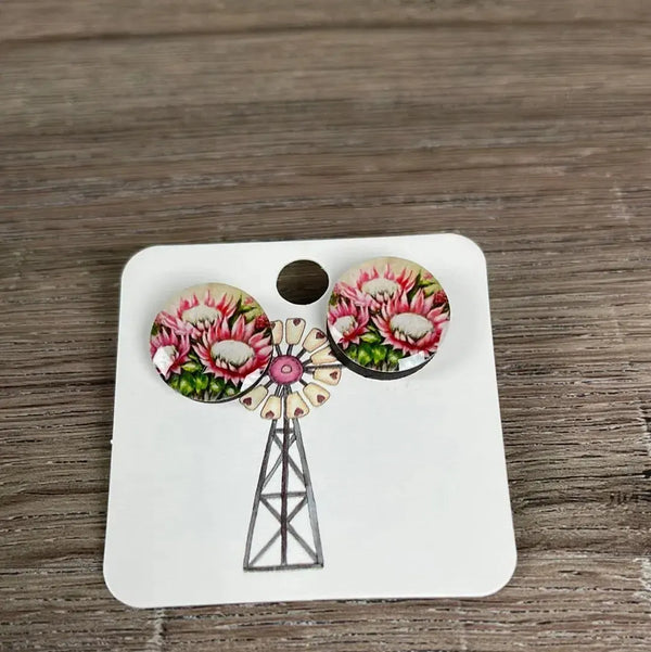 Stud Earrings - Circle Three Open Pink Proteas - Something From Home - South African Shop
