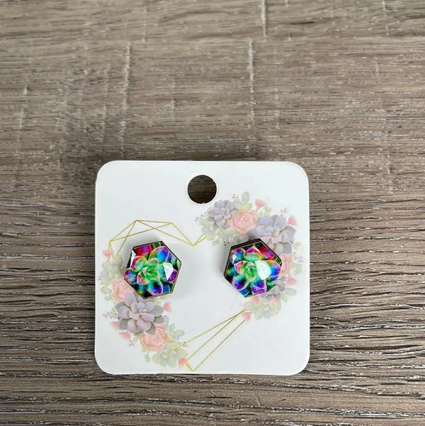 Stud Earrings - Hexagon Green and Pink Succulents - Something From Home - South African Shop