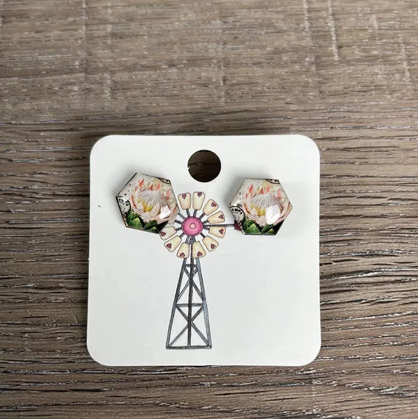 Stud Earrings - Hexagon Open Protea - Something From Home - South African Shop