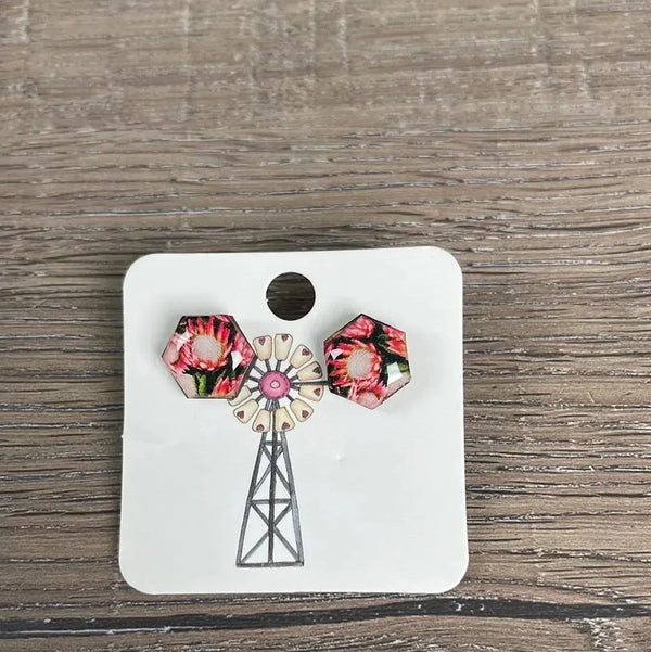 Stud Earrings - Hexagon Pink Protea - Something From Home - South African Shop