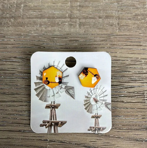Stud Earrings - Hexagon with Windmills - Something From Home - South African Shop