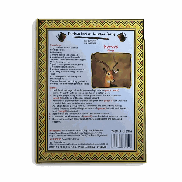 Packaged Taste of Africa Durban Indian Mutton Curry 60g pouch