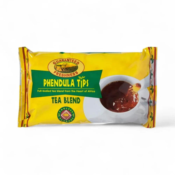 Phendula Tips tagless tea bags 100 pack full-bodied African tea blend bright yellow packaging