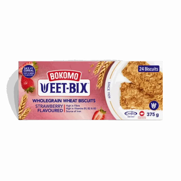 375g box of Weet-Bix Strawberry Flavoured Wholegrain wheat biscuits with high fibre and vitamins