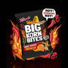 Willards Big Korn Bites Ghost Pepper Flavored Maize Chips - 120g, fiery snack pack with red chili peppers and flames.