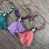 Set of 6 wine glass charms with colorful tassels, approx 4cm rings, Wine Glass Charms - Tassels 1