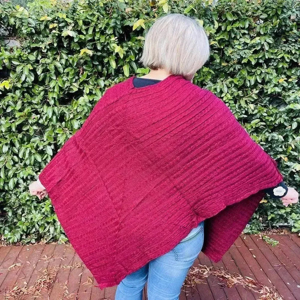 Maroon knitted cotton winter poncho with round neck