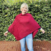 Maroon knitted cotton winter poncho with round neck
