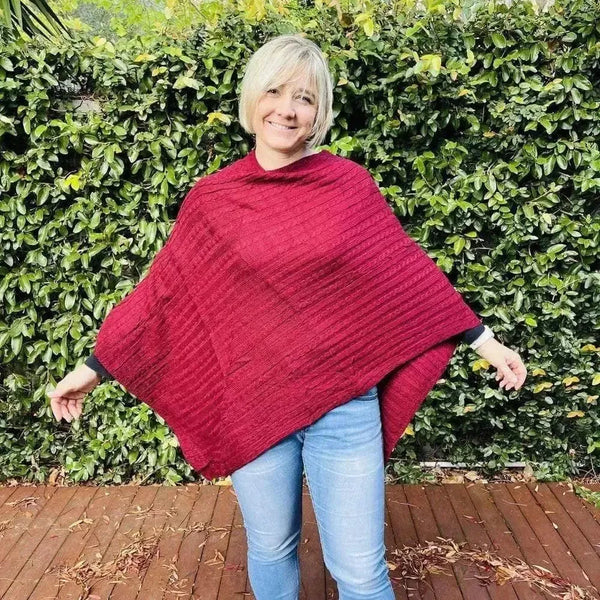 Maroon knitted cotton winter poncho with round neck