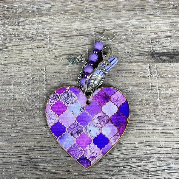Key Tag - Wooden Heart with Purple Patterns - Something From Home - South African Shop