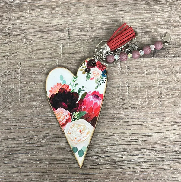 Key Tag - Wooden Heart With Red, Pink, and White Flowers - Something From Home - South African Shop