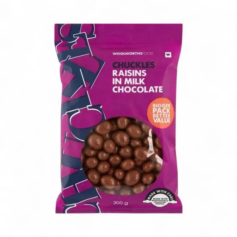 Woolworths CHUCKLES® Chocolate & Raisins 300g pack, featuring juicy raisins coated in smooth milk chocolate.