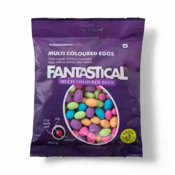 Woolworths Fantastical Slab Chocolate Eggs in purple packaging with colorful candy-coated eggs inside.