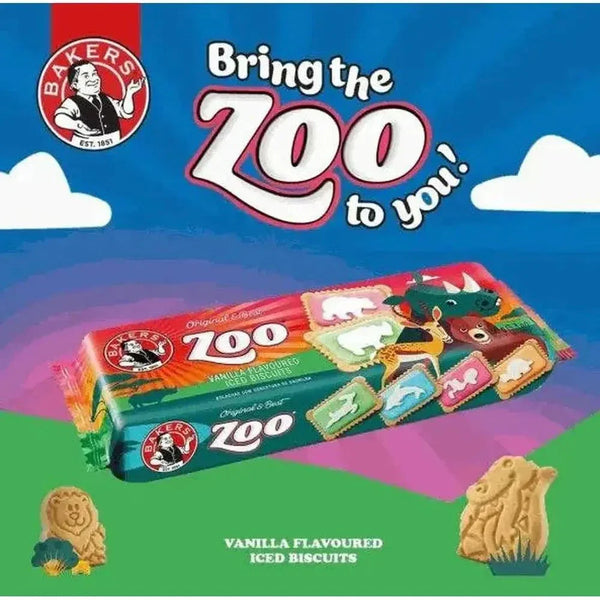 Pack of 12 Bakers Zoo Biscuits with colorful iced animal shapes on vibrant backgrounds