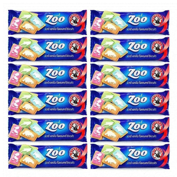 Pack of 12 Bakers Zoo Biscuits 150g with colorful iced animal shapes on vibrant backgrounds