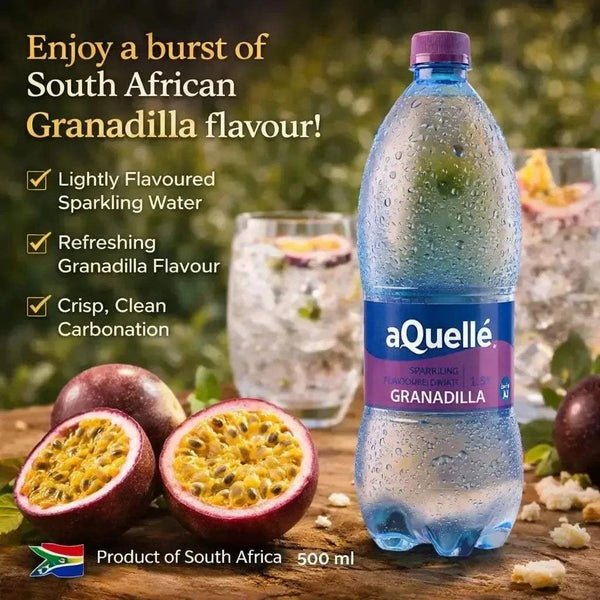 aQuellé Granadilla Sparkling Water bottle beside granadilla fruit and a glass