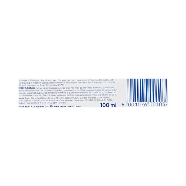 Aquafresh Mild & Minty Toothpaste ingredients fluoride strength and barcode close-up
