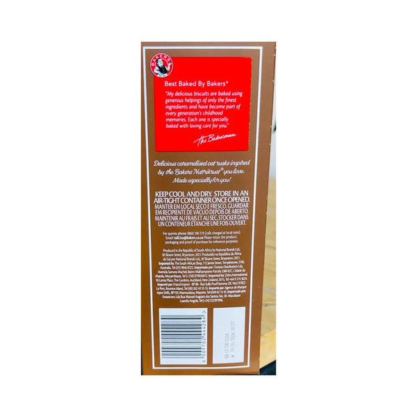 Bakers Nuttikrust Caramelised Oats Rusks storage instructions and barcode