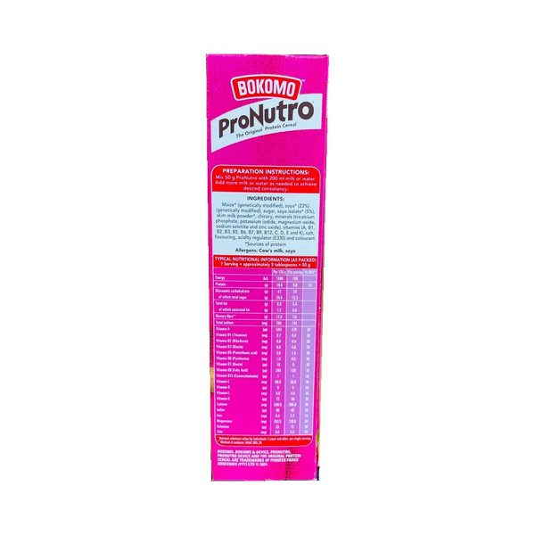 Bokomo ProNutro Strawberry 500g preparation, ingredients and nutrition panel