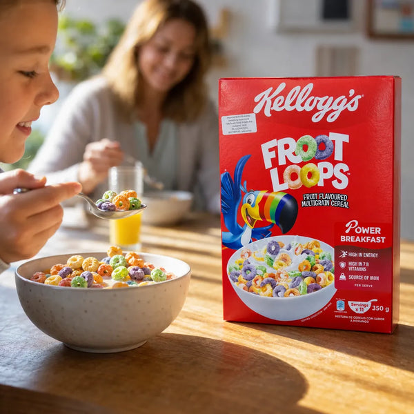 Kellogg's Froot Loops cereal with a colourful breakfast bowl