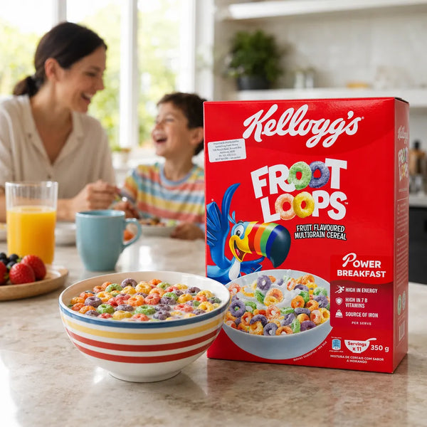 Kellogg's Froot Loops cereal at a family breakfast table