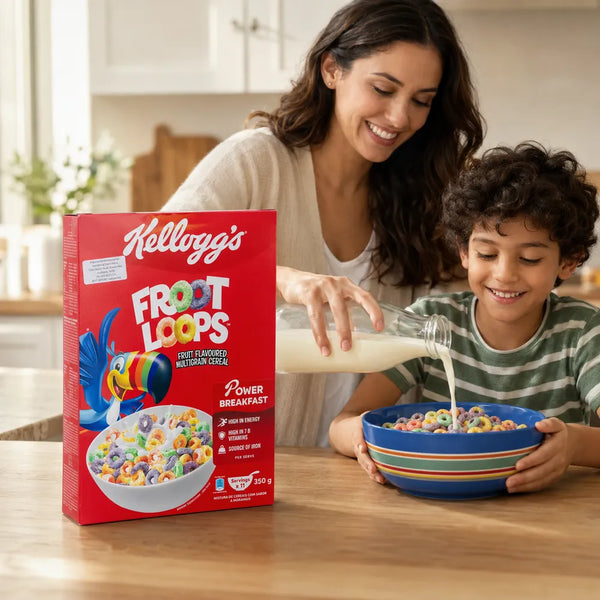 Kellogg's Froot Loops 350g with milk being poured at breakfast