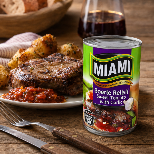 Miami Boerie Relish Sweet Tomato with Garlic 450g served with steak and roast potatoes