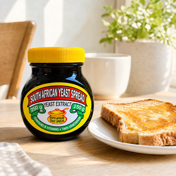 South African Yeast Spread 250g jar beside buttered toast