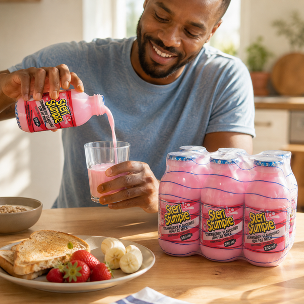 Steri Stumpie Strawberry Milk six-pack enjoyed at breakfast