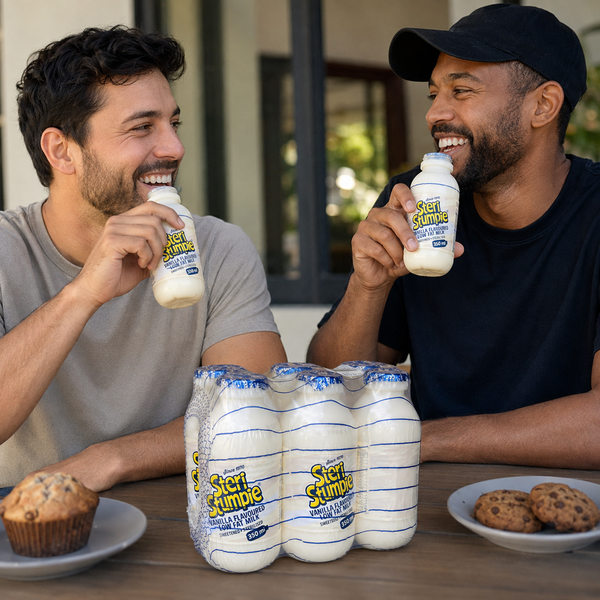 Friends enjoying Steri Stumpie Vanilla 350ml low fat milk
