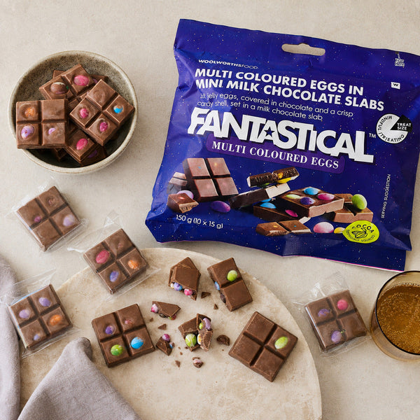 Woolworths Fantastical mini milk chocolate slabs 150g sharing scene